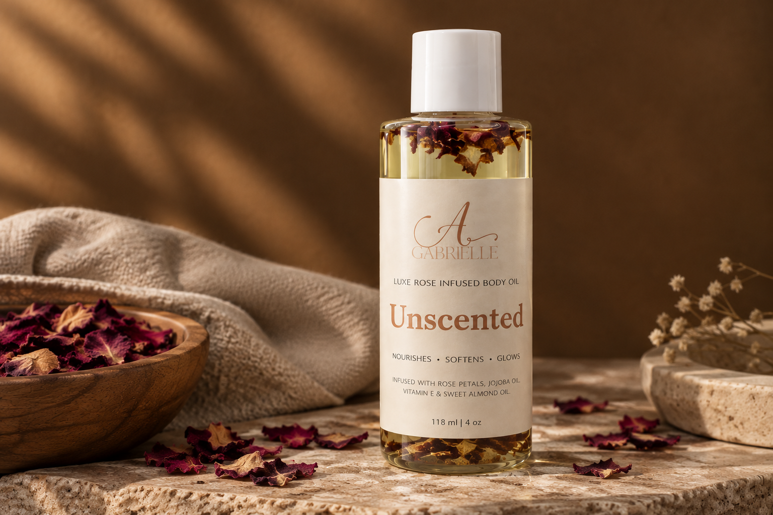Unscented rose-infused body oil